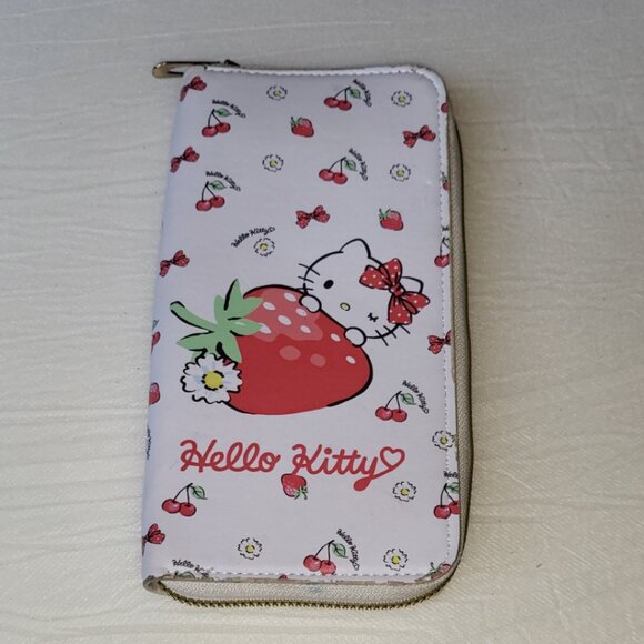 Sanrio Hello Kitty Long Zipper Wallet Strawberry White Red - Picture 1 of 6